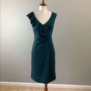 Adrienne Vittadini Teal Ponte Sleeveless Sheath Dress with Ruffle Neckline